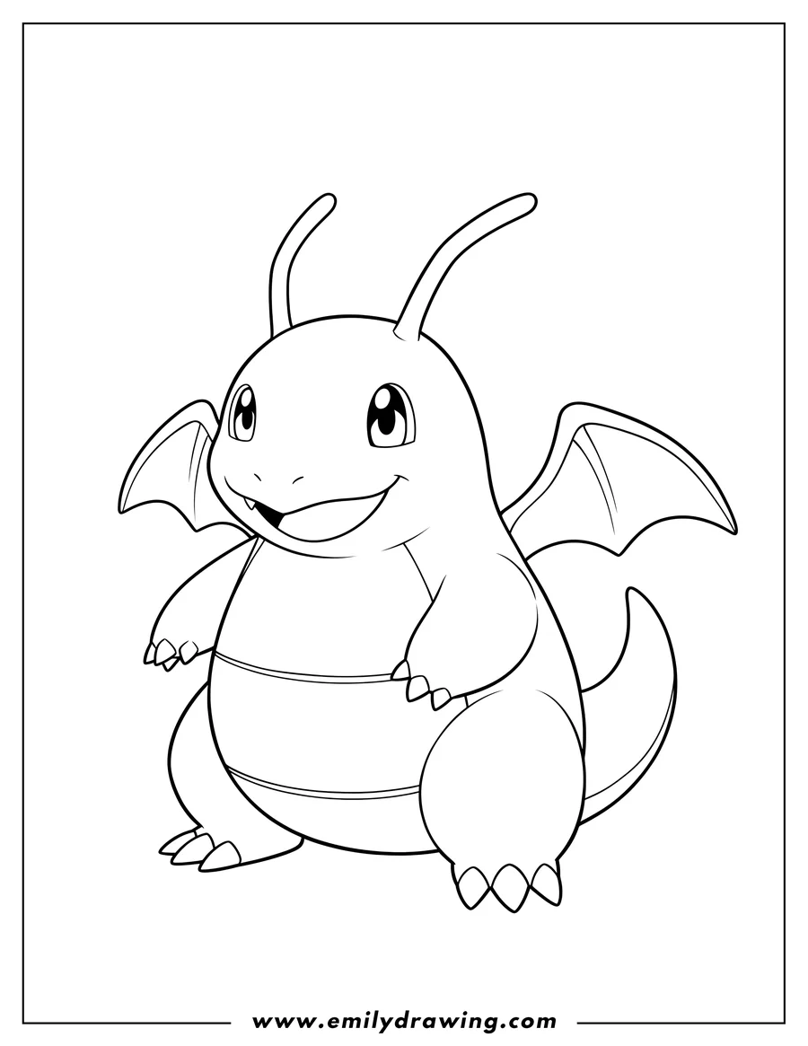 Simple sketch of cute Dragonite Pokemon To Color, smiling and standing to color