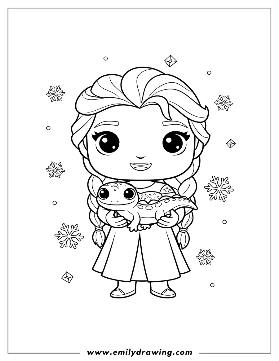 Clean line drawing: cute Elsa Funko Pop Preschoolers Scaled holding a salamander