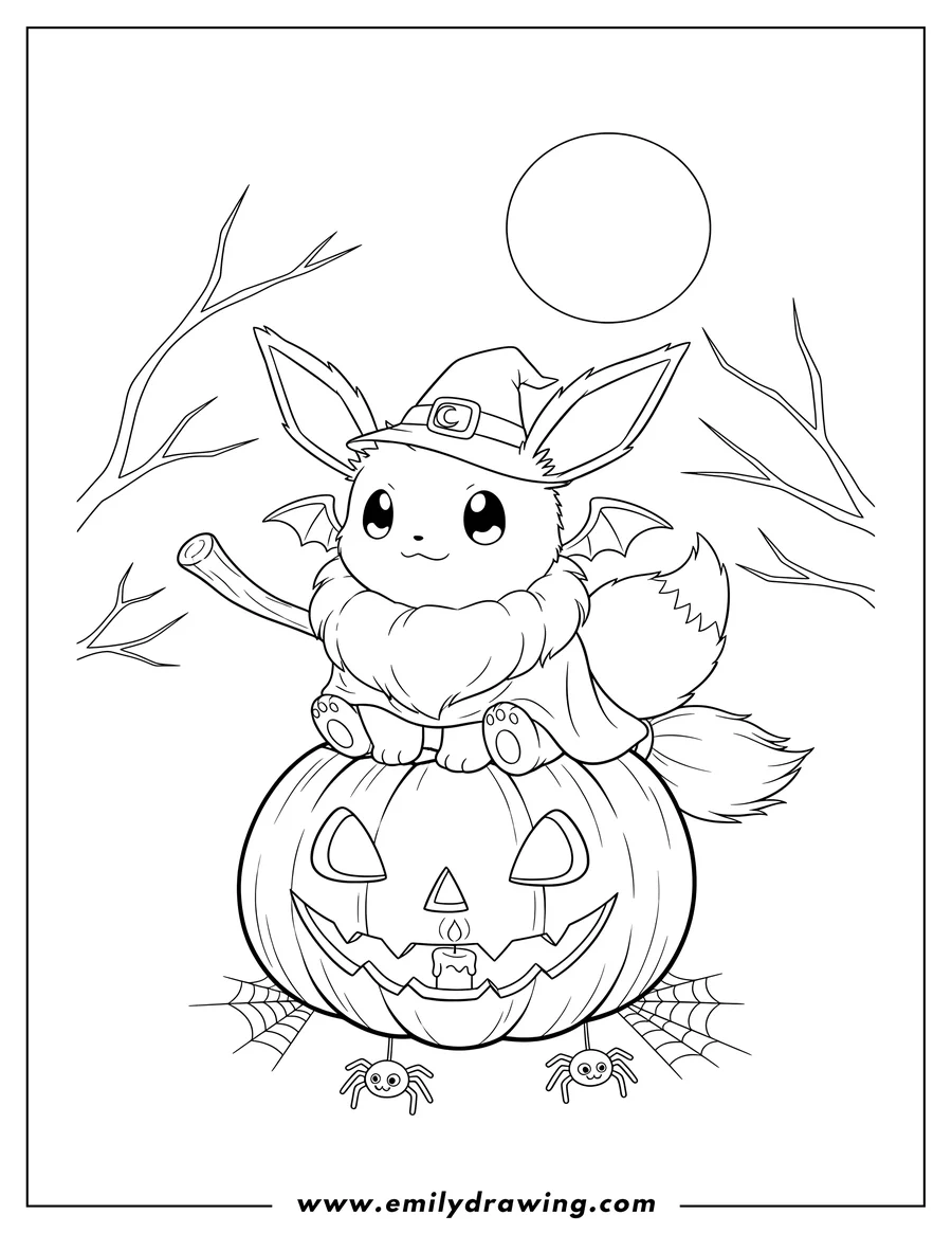 Printable coloring page of cute fluffy Halloween Eevee on a spooky Jack O Lantern