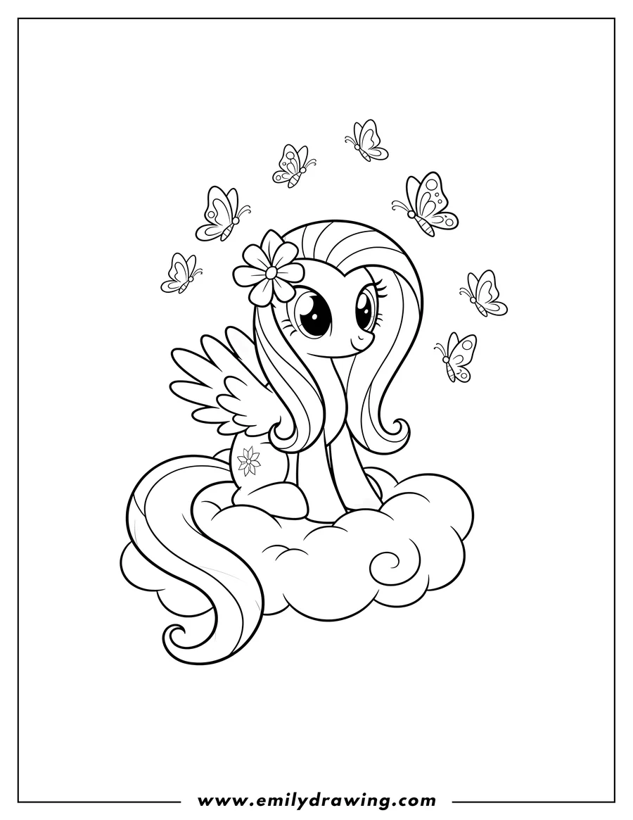 Clean line drawing: cute Fluttershy On Cloud with butterflies flying around her and a flower in her mane