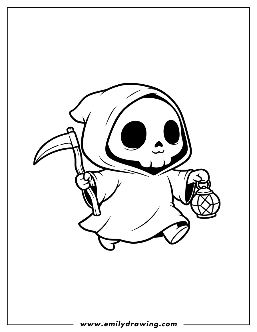 Coloring page for kids: cute Grim Reaper with a simple, round-eyed skull face, walking with scythe and lantern, for preschoolers