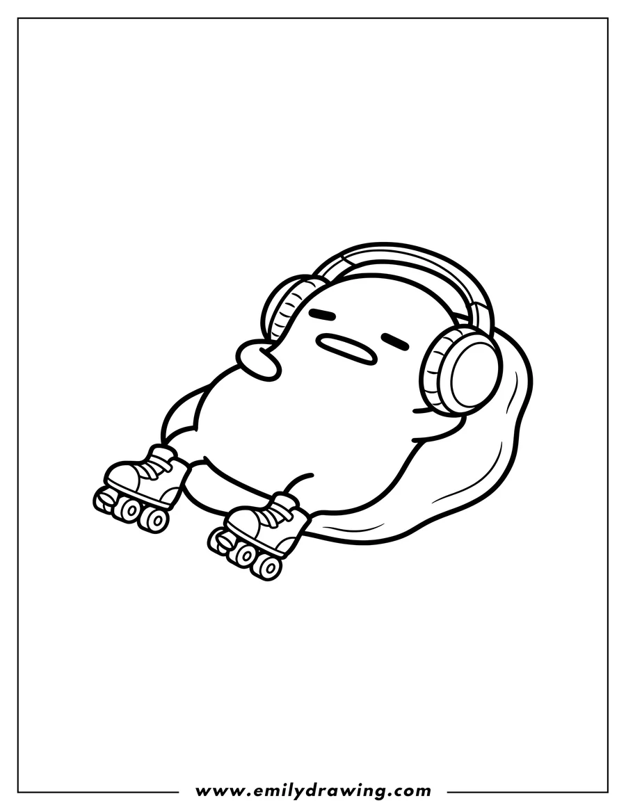 Printable coloring page of cute Gudetama wearing headphones and rollerblades, lying down
