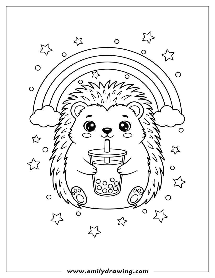 High quality printable cute hedgehog with a rainbow, holding a boba tea with pearls, with starry background for coloring