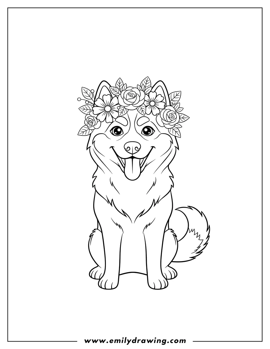 Printable coloring page of cute husky with flower crown, sitting and smiling with tongue out