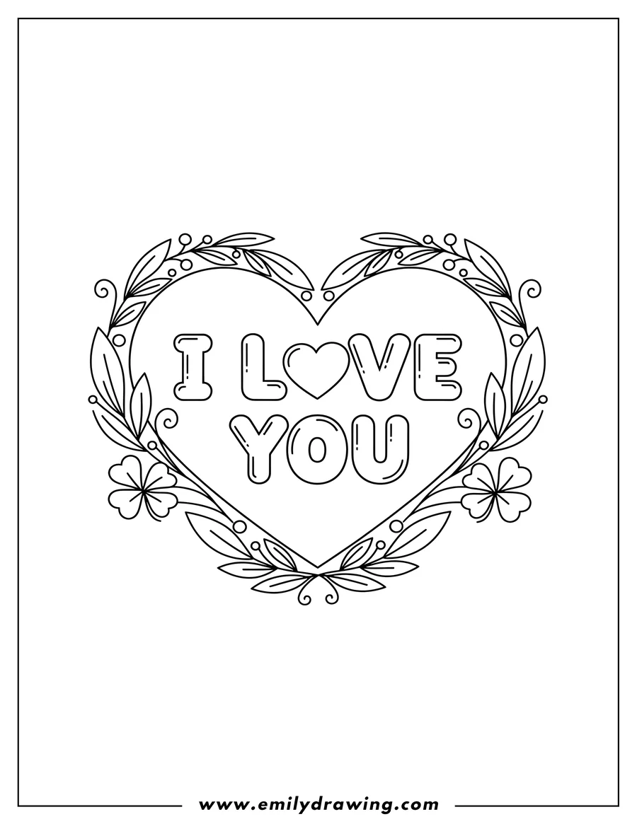 Outline drawing of cute I Love You message on a heart with leaves