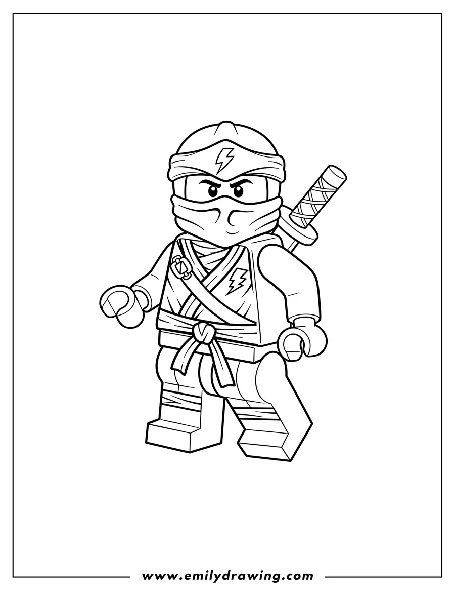 Downloadable coloring page of cute Jay Lightning Ninja Lego minifigure with a mask and a sword on his back