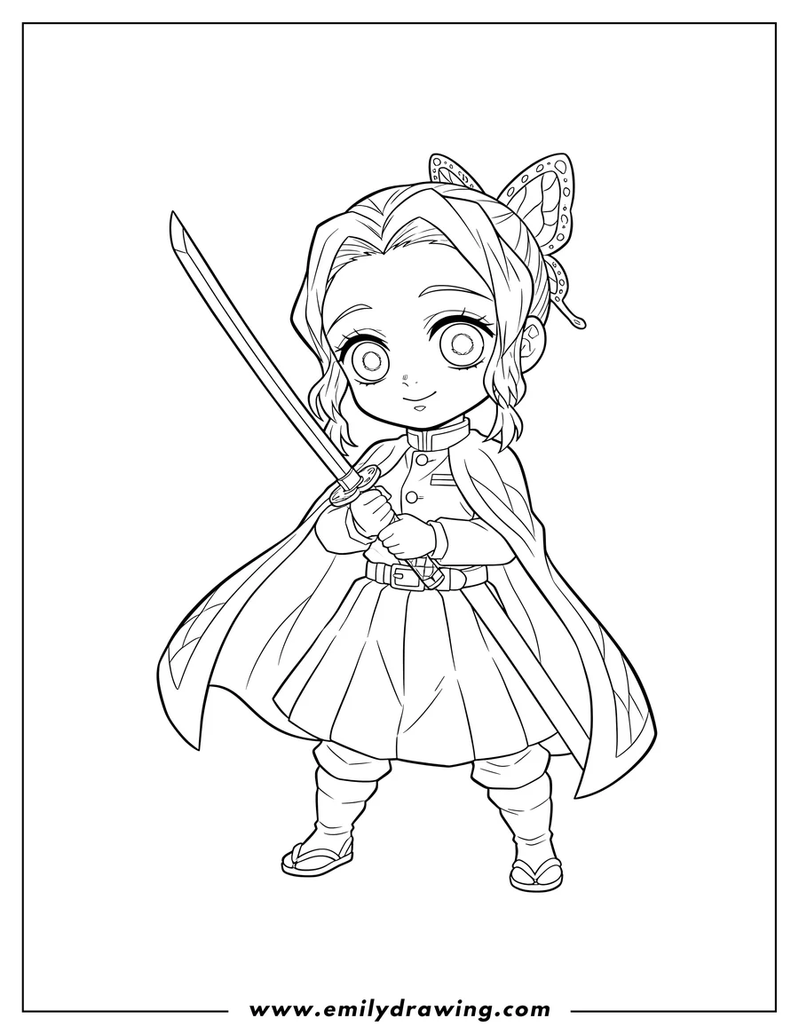 Printable line art of cute Kanao Tsuyuri holding a katana and wearing a cape
