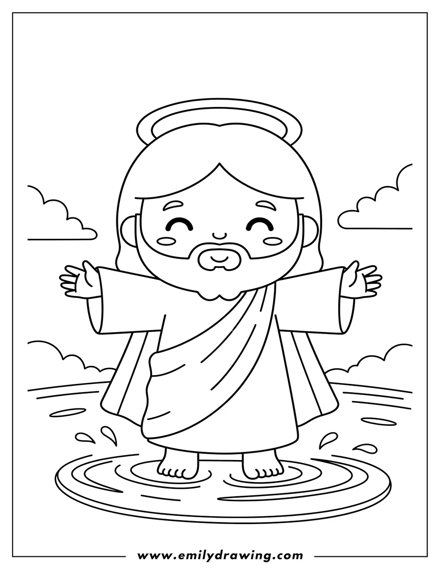 Printable line art of **Refined Scene:** Cute Kawaii Jesus Christ Scaled, with outstretched arms, standing on water