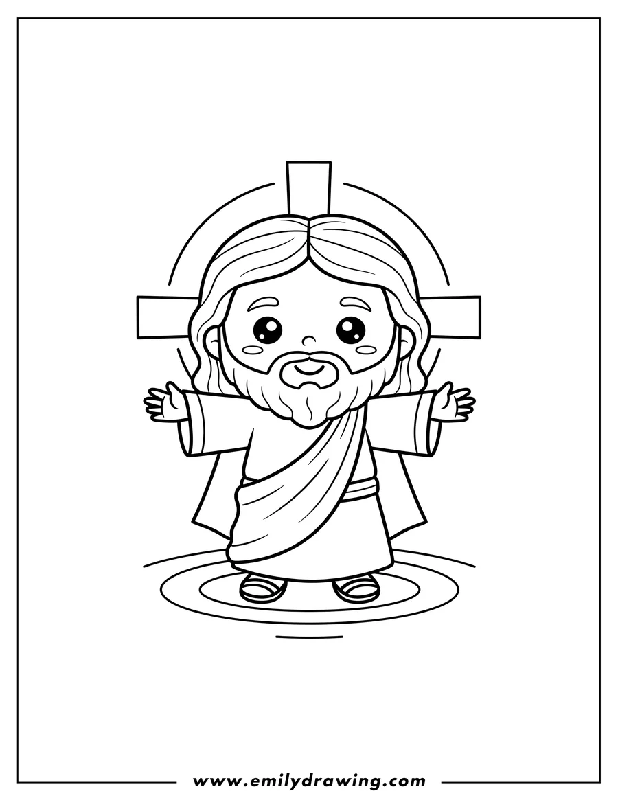 Simple sketch of cute Kawaii Jesus Christ standing with open arms on water to color