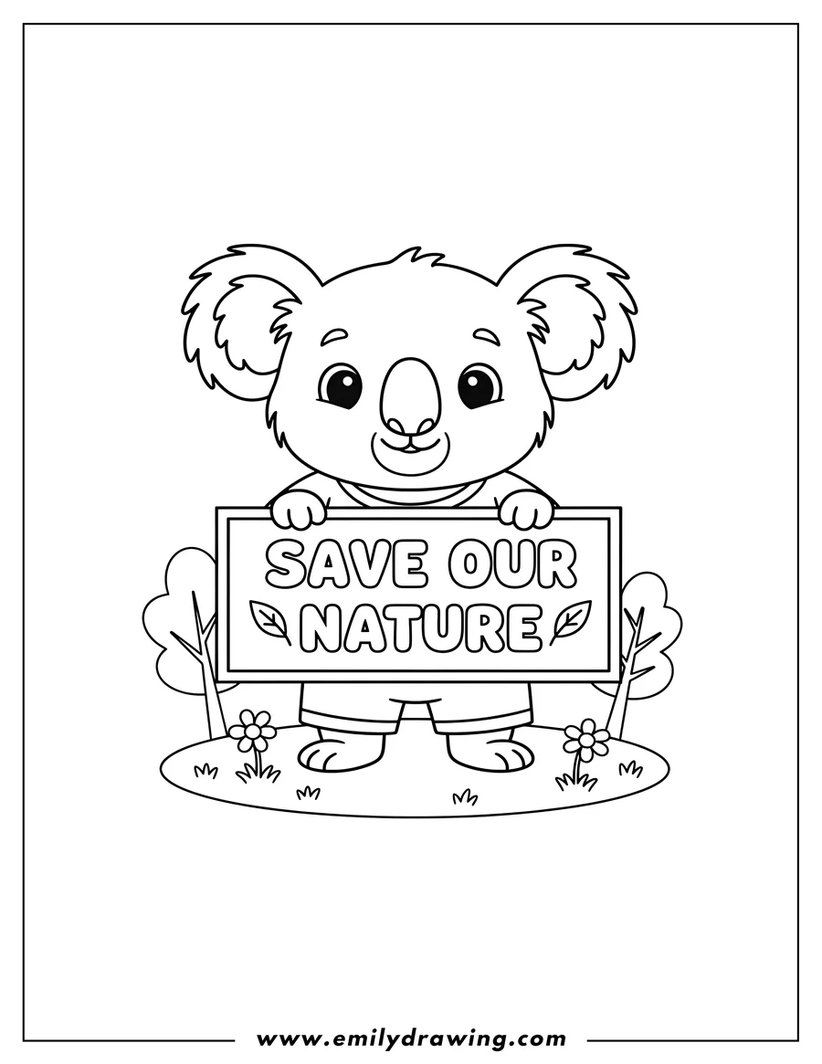 Linear illustration of cute koala holding a 'Save Our Nature' sign