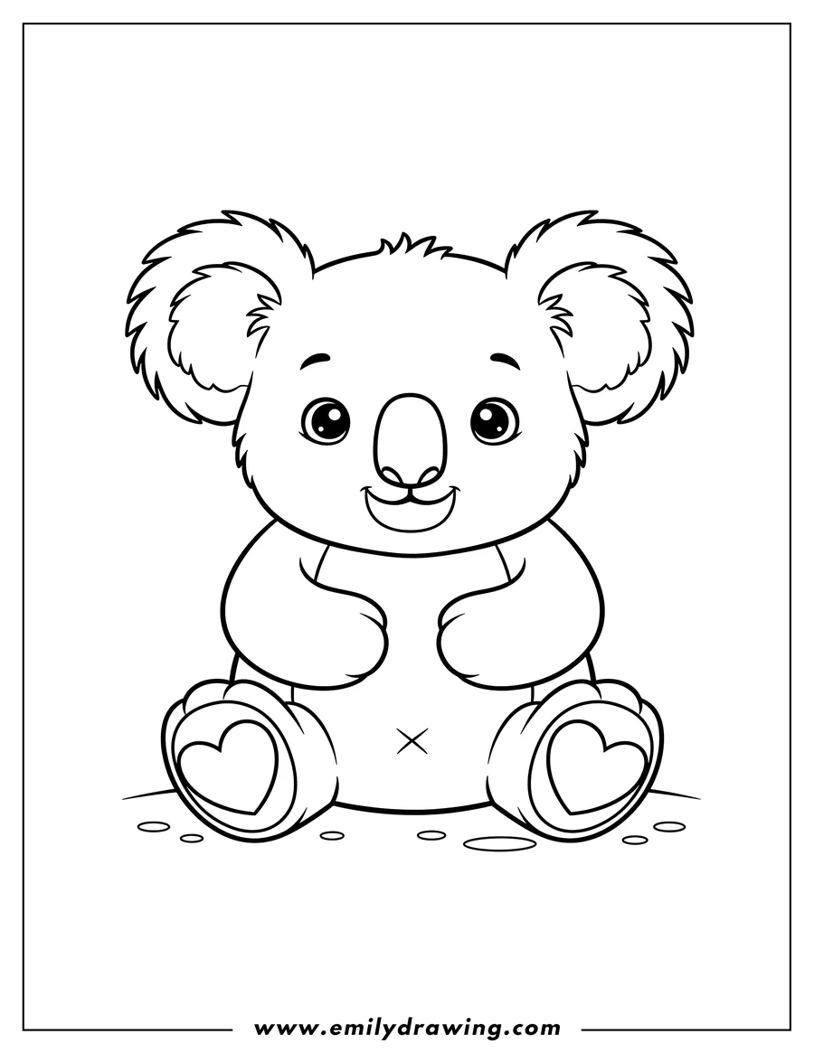 Free printable coloring sheet of cute Koala teddy sitting with heart-shaped paw pads