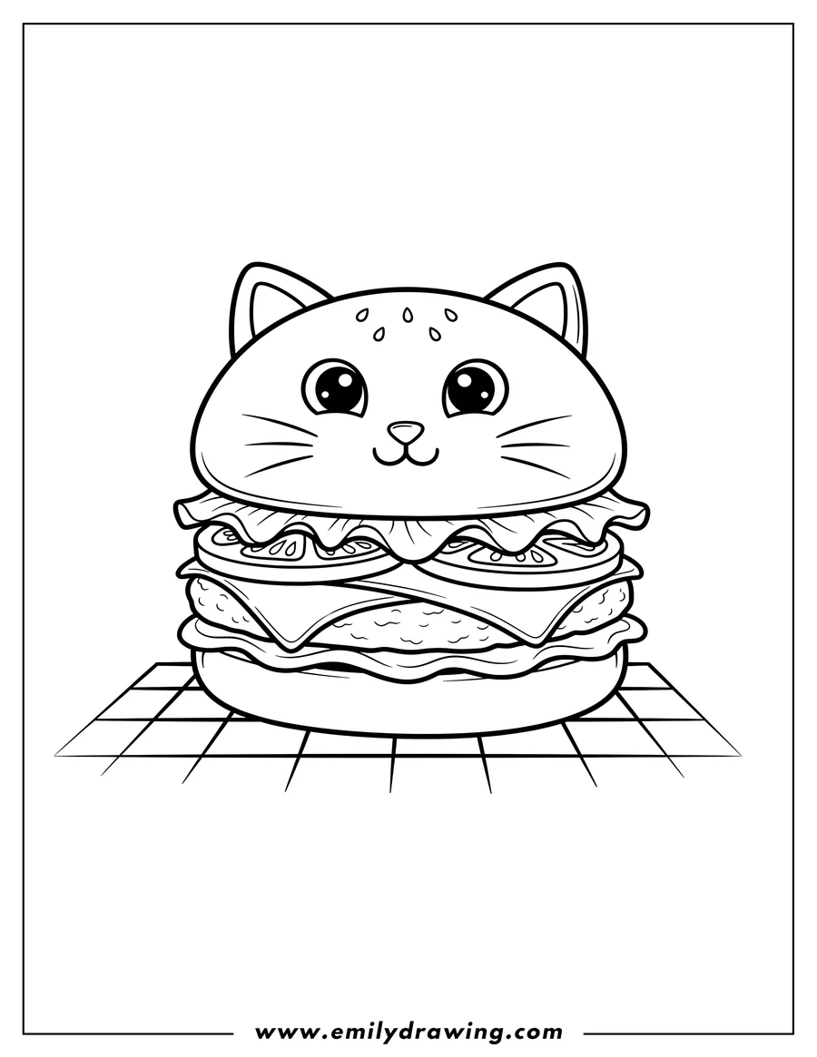 High quality printable cute layered burger with a cat face on a checkered mat for preschoolers for coloring