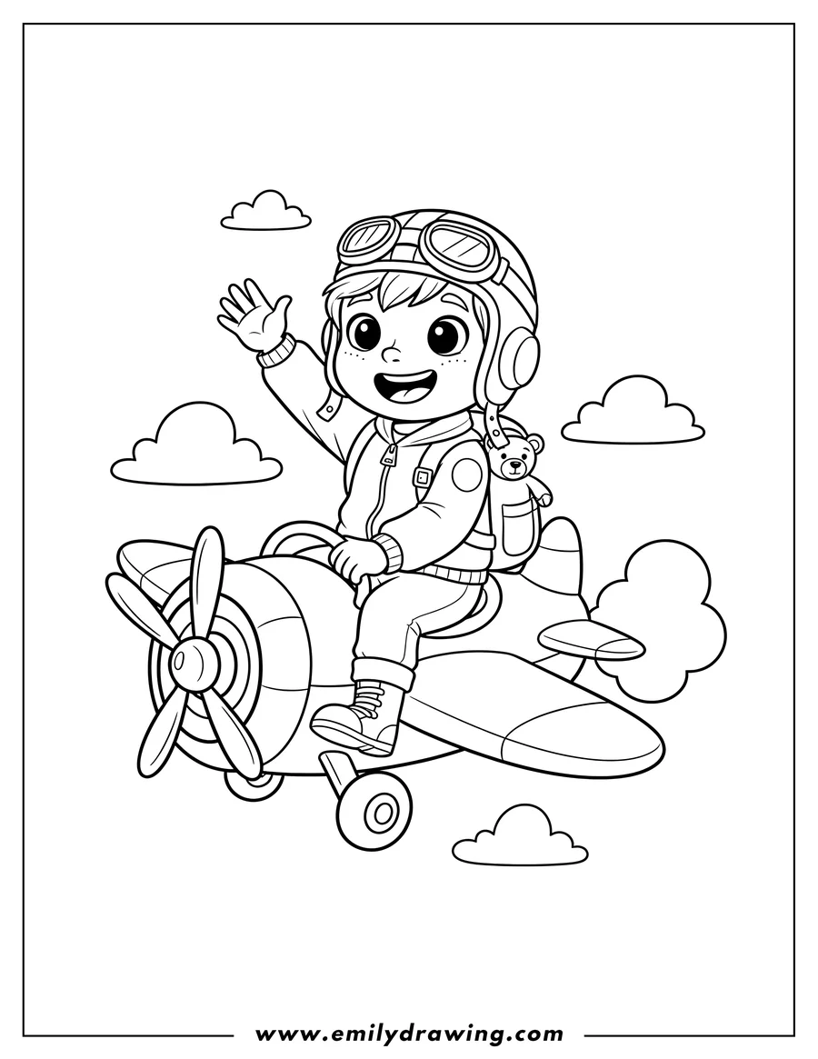 Downloadable coloring page of cute Little Boy Waving While Riding An Airplane with a Backpack
