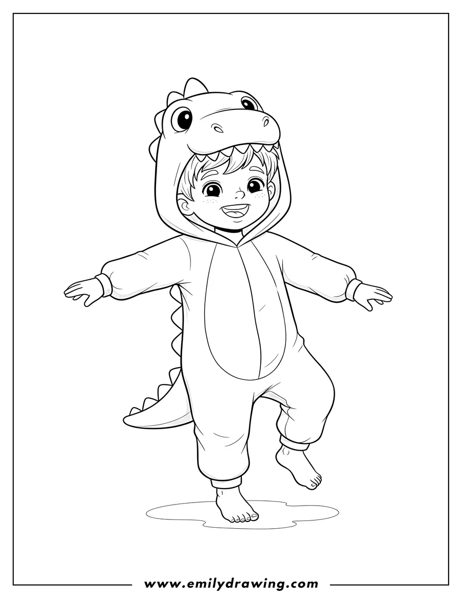 Coloring sheet featuring cute Little Boy Wearing Dinosaur Onesie, Smiling, Standing Barefoot