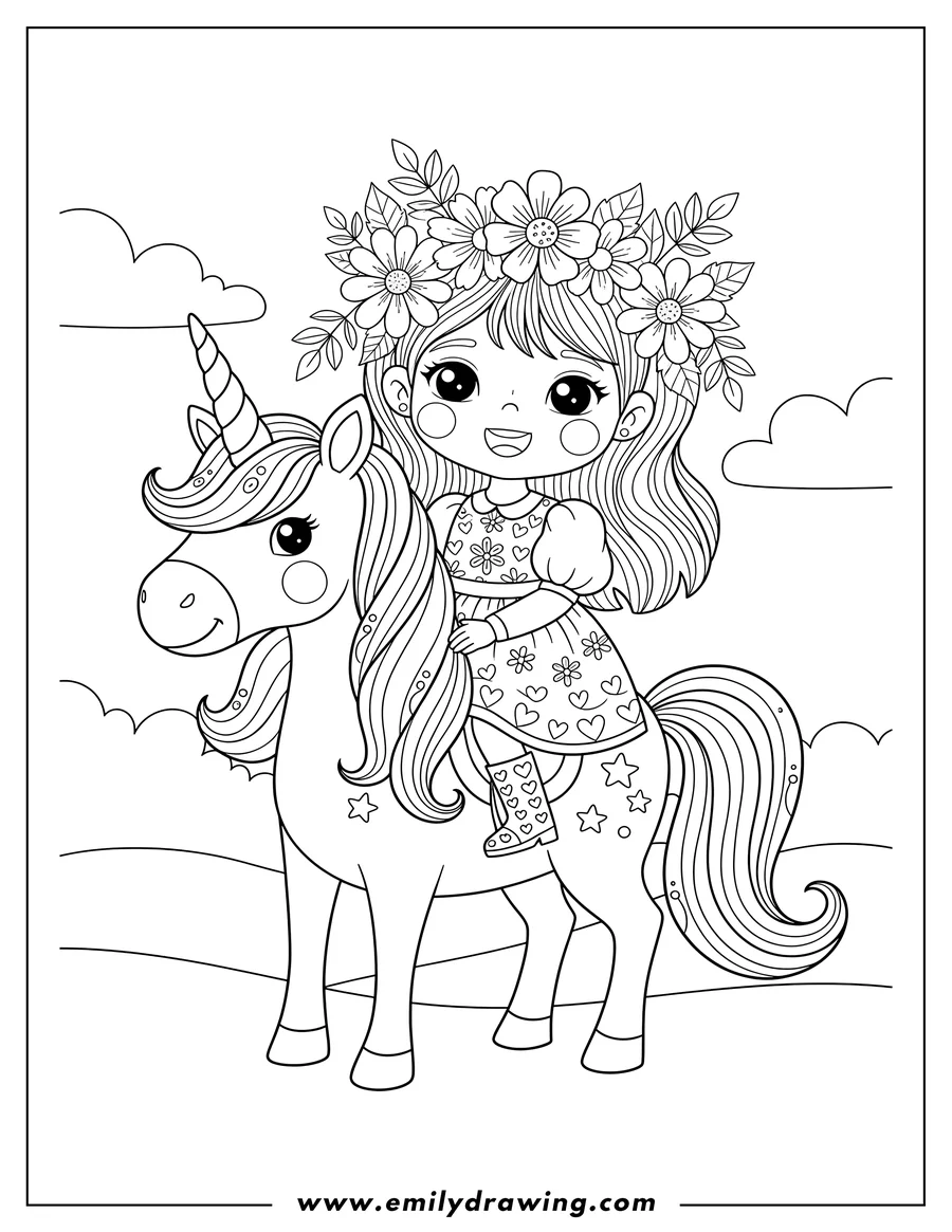 PDF style coloring page: cute Little Girl with a flower crown riding a smiling unicorn