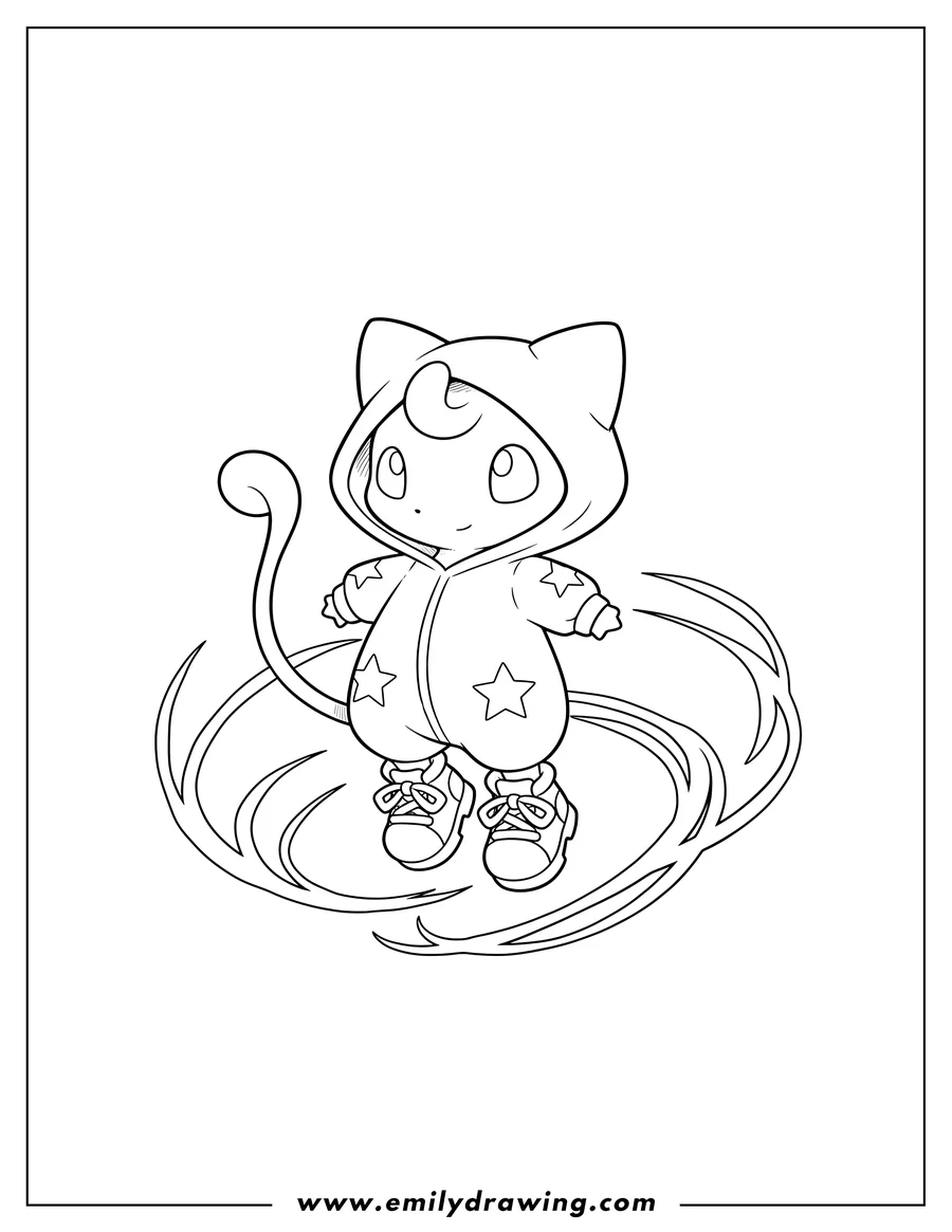 Printable coloring page of cute Mew in a onesie with a hoodie, wearing shoes and floating