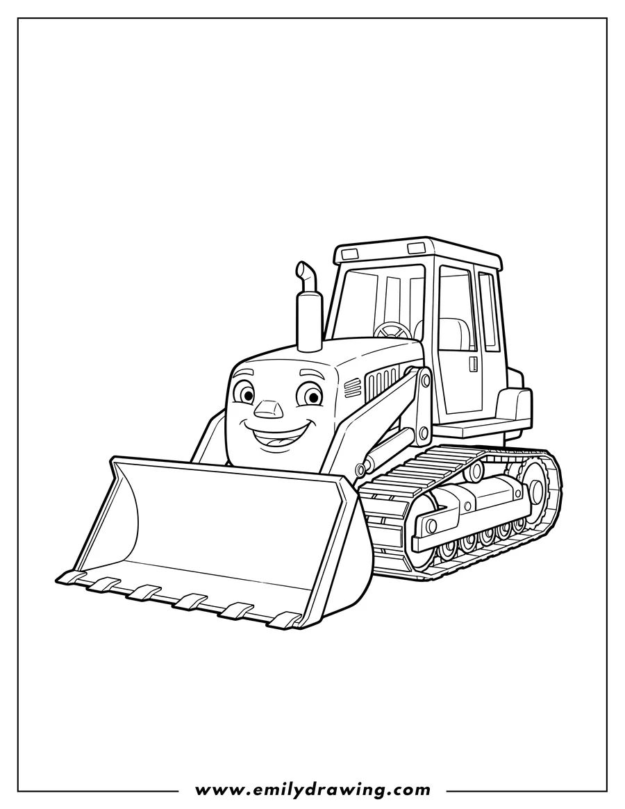 High quality printable cute Muck Bulldozer, smiling, with a front bucket and tracks for coloring