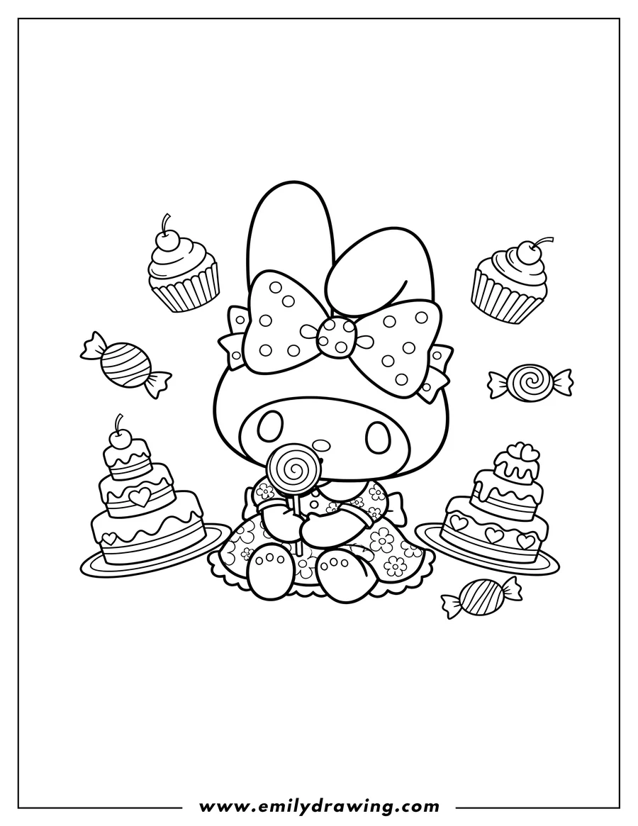 Printable coloring page of cute My Melody with a big bow on her head, sitting and holding a sweet, surrounded by candies and cakes