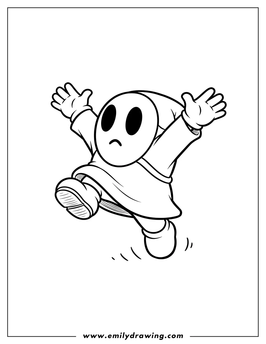 Coloring page of cute Outline Shy Guy jumping with outstretched arms and bent legs