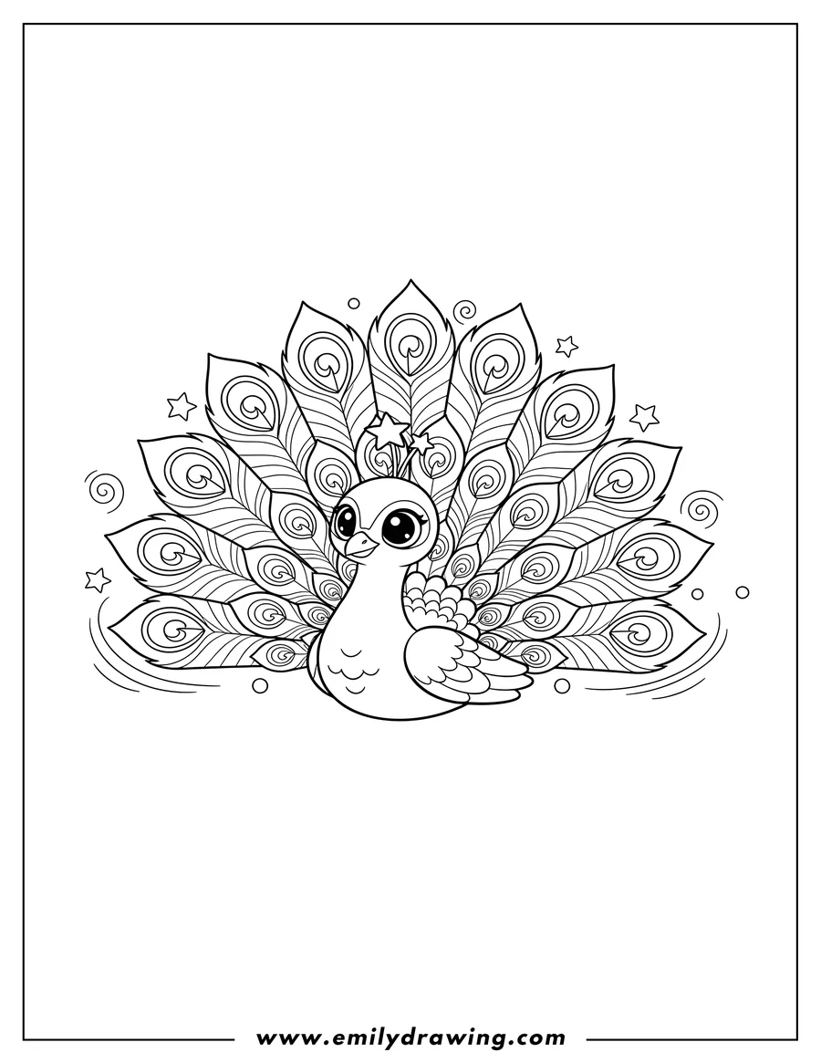 Coloring page of cute Peacock With Fanned Feathers, with big round eyes and a star on its head