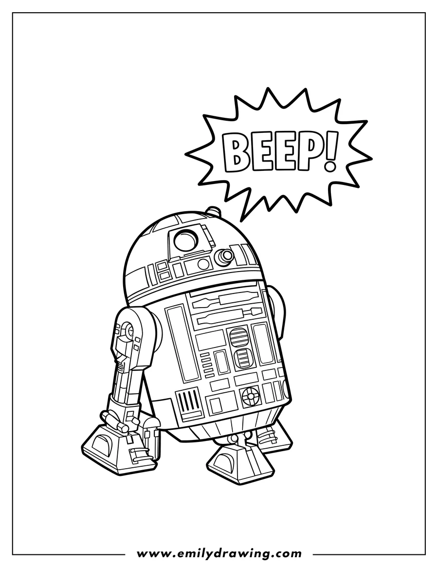 Coloring sheet featuring cute R2 D2 Comic, looking up, with BEEP! speech bubble