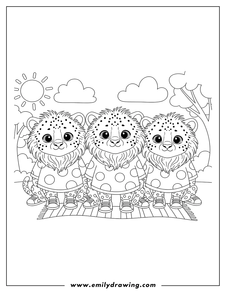 Linear illustration of cute Realistic Baby Cheetah Preschoolers, sitting and looking forward with a fluffy mane