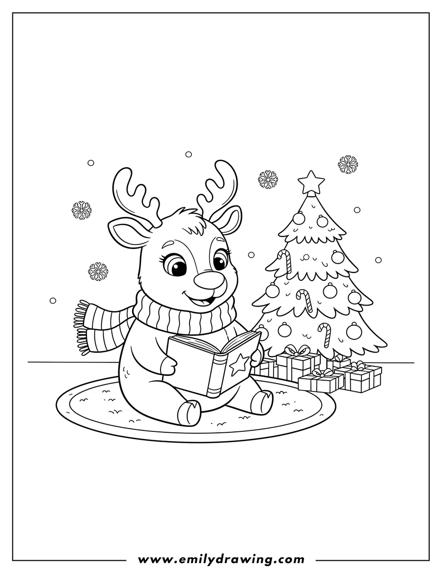 Free printable coloring sheet of cute reindeer wearing a scarf, sitting and reading an open book next to a Christmas tree