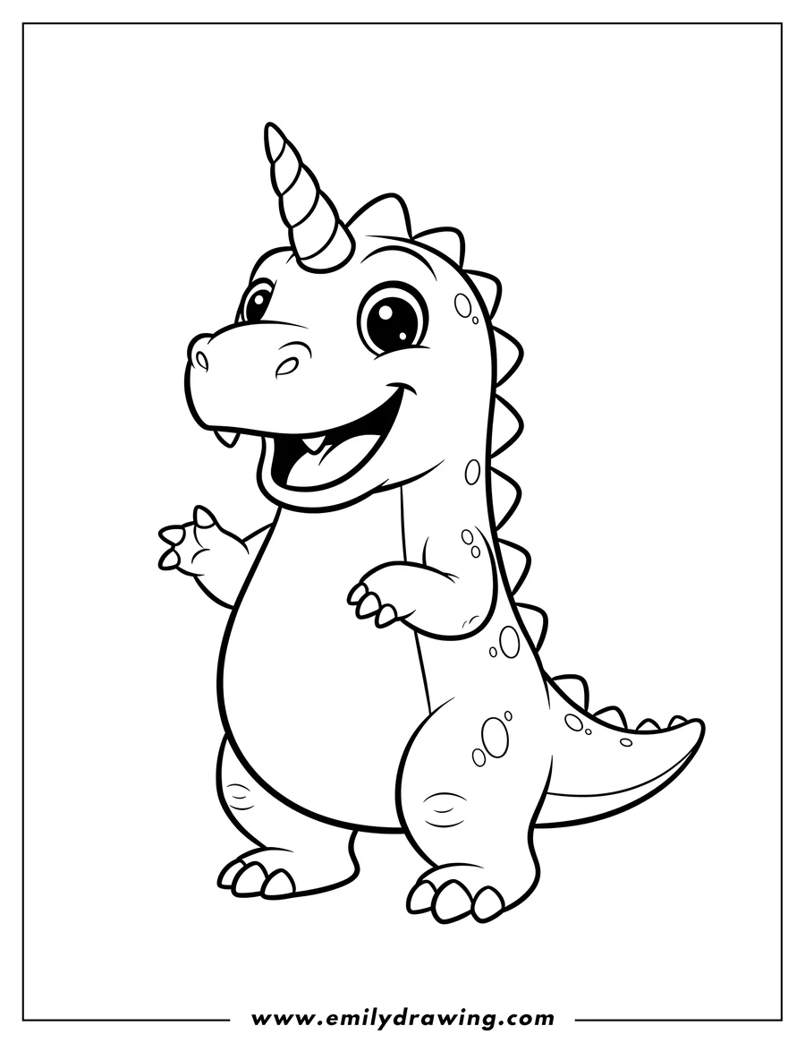Clean line drawing: cute Smiling Dinosaur with a unicorn horn, standing