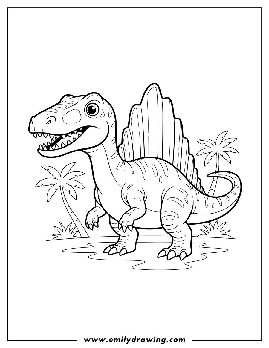 Doodle style coloring picture of cute Spinosaurus Outline with a large sail and sharp teeth