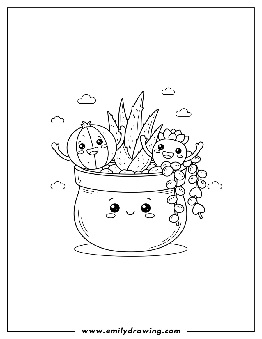 PDF style coloring page: cute Succulents Pot with three happy succulents waving