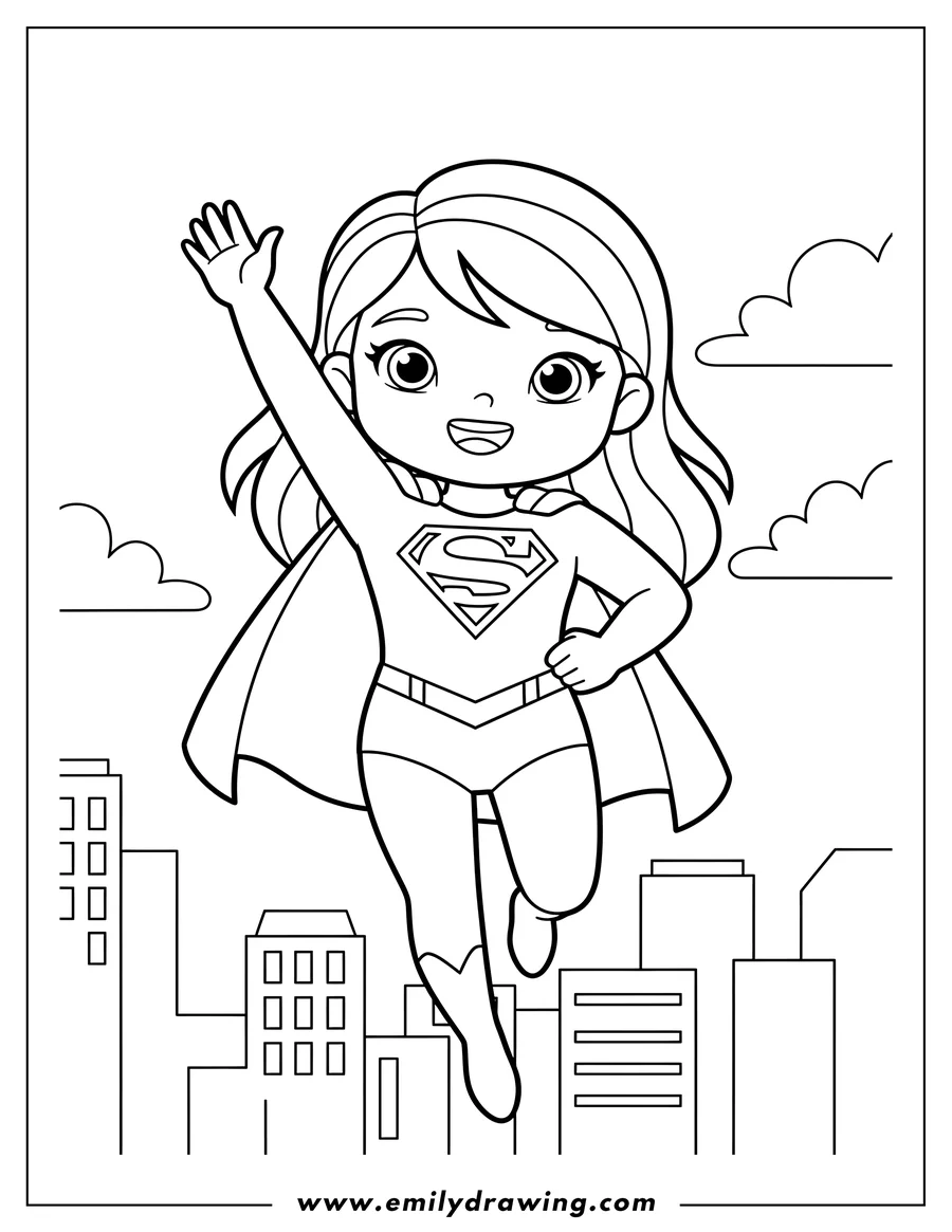 Linear illustration of cute Supergirl flying through the city with one arm raised and a cheerful smile