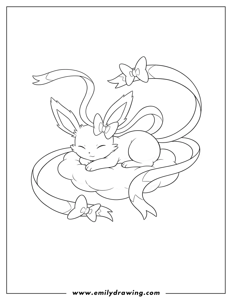 Doodle style coloring picture of cute Sylveon lying down with eyes closed and ribbons flowing