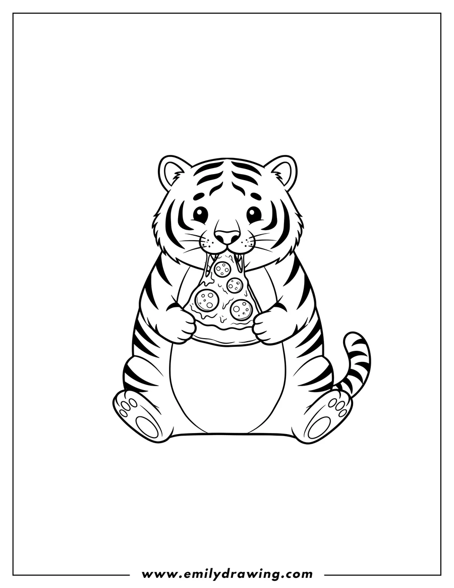 Black and white line art of easy Cute Tasmanian Tiger Scaled sitting and eating a slice of pizza