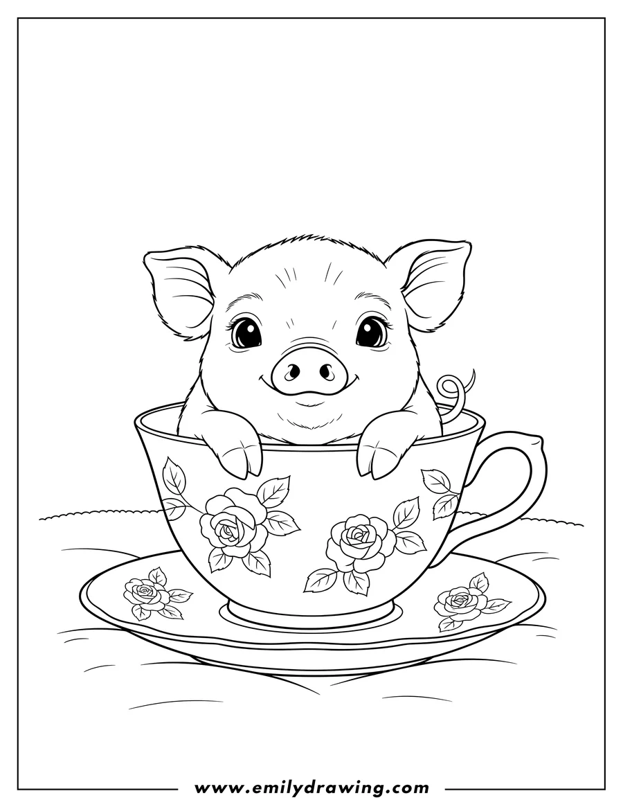 Black and white line art of cute Teacup Pig peeking from a teacup with its paws on the rim