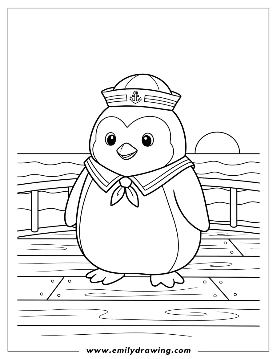 PDF style coloring page: cute Tuxedo penguin standing on a deck wearing a sailor hat