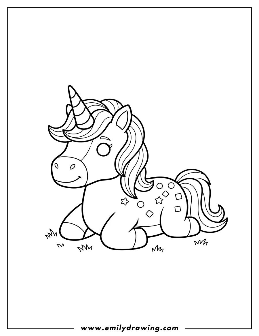 Linear illustration of roblox Cute Unicorn Scaled, lying down with a striped horn