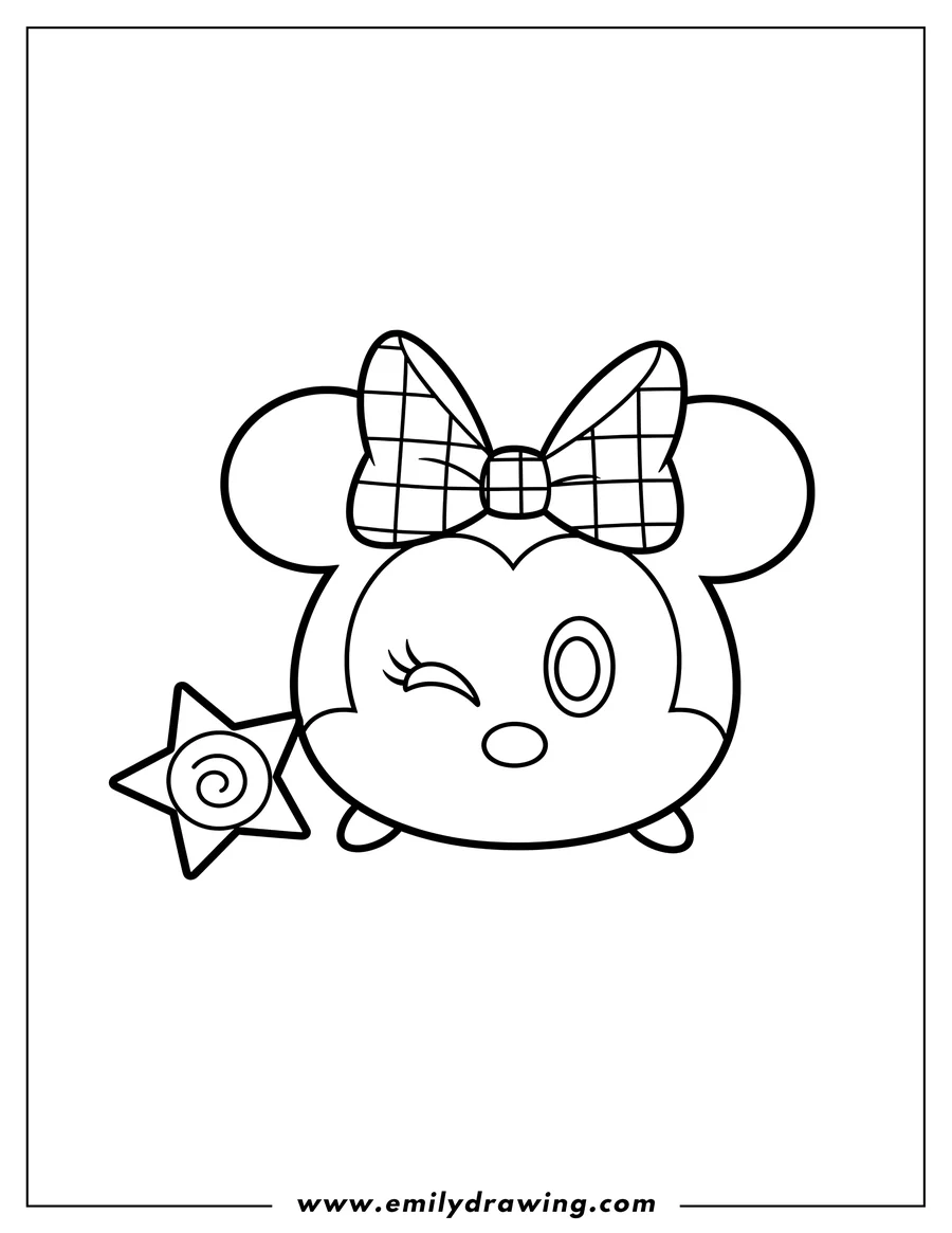Black and white line art of cute Winking Minnie Mouse Tsum Tsum with a bow and star