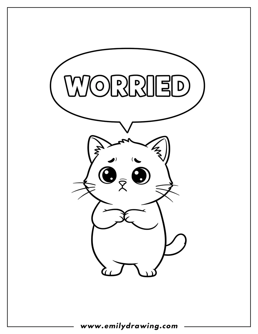 Free to print drawing of cute worried kitten standing with a speech bubble that says 'Worried'