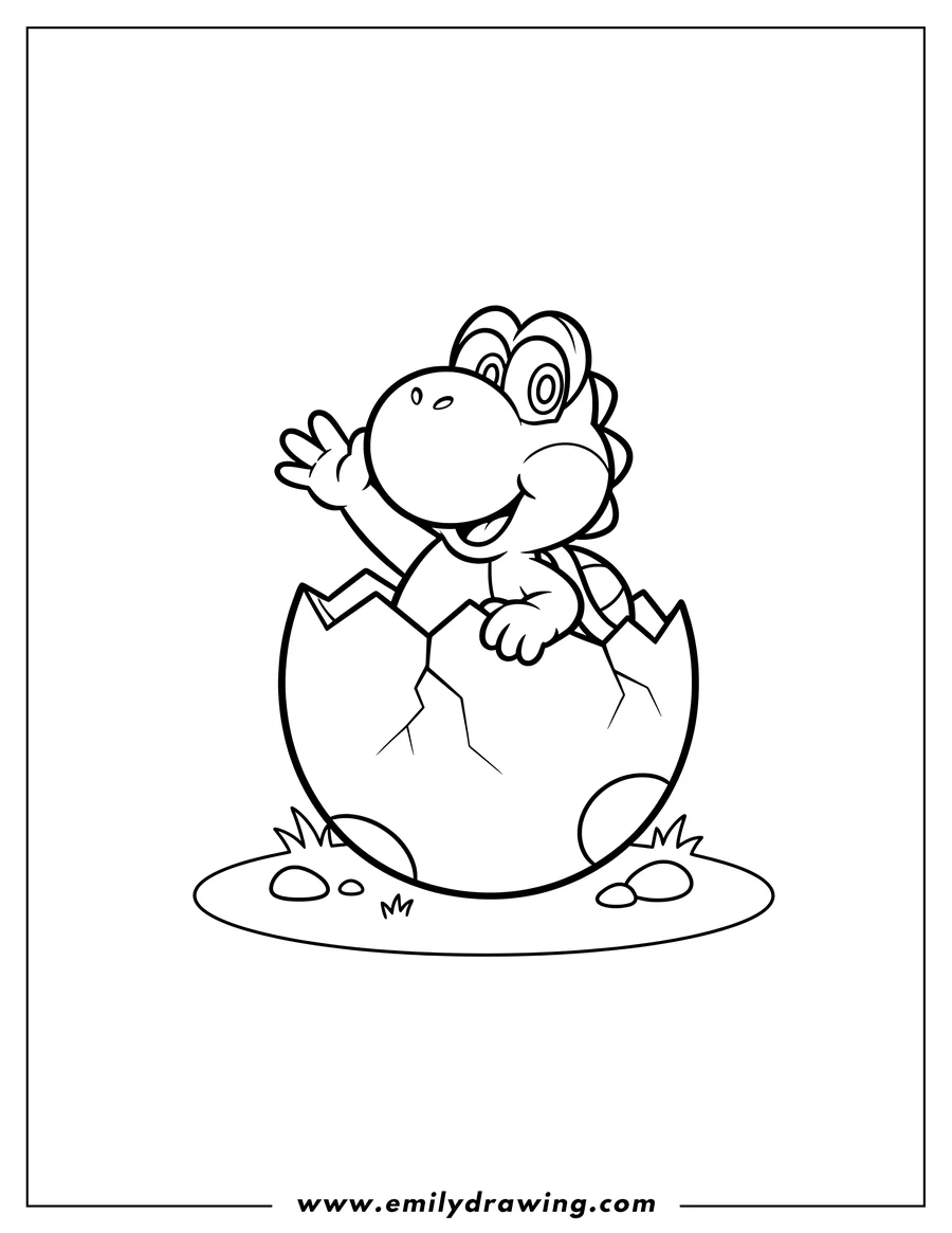 Free printable coloring sheet of cute Yoshi hatching from a cracked egg, raising one hand