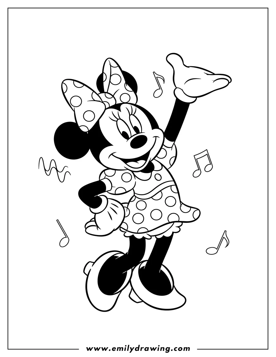 Doodle style coloring picture of dancing Minnie Mouse Scaled, smiling with one arm raised