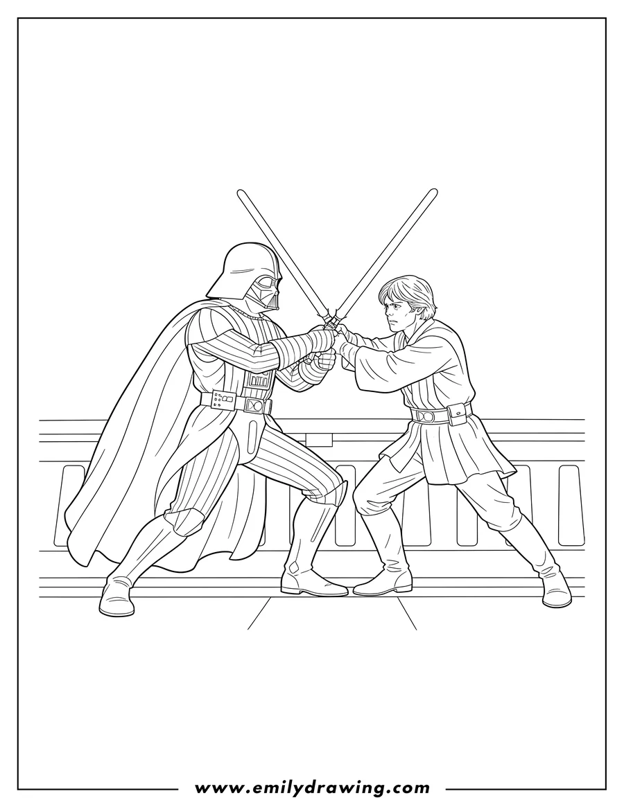 Free printable coloring sheet of darth Vader Lightsaber Fight With Luke Skywalker, lightsabers crossed, Vader wearing his cape