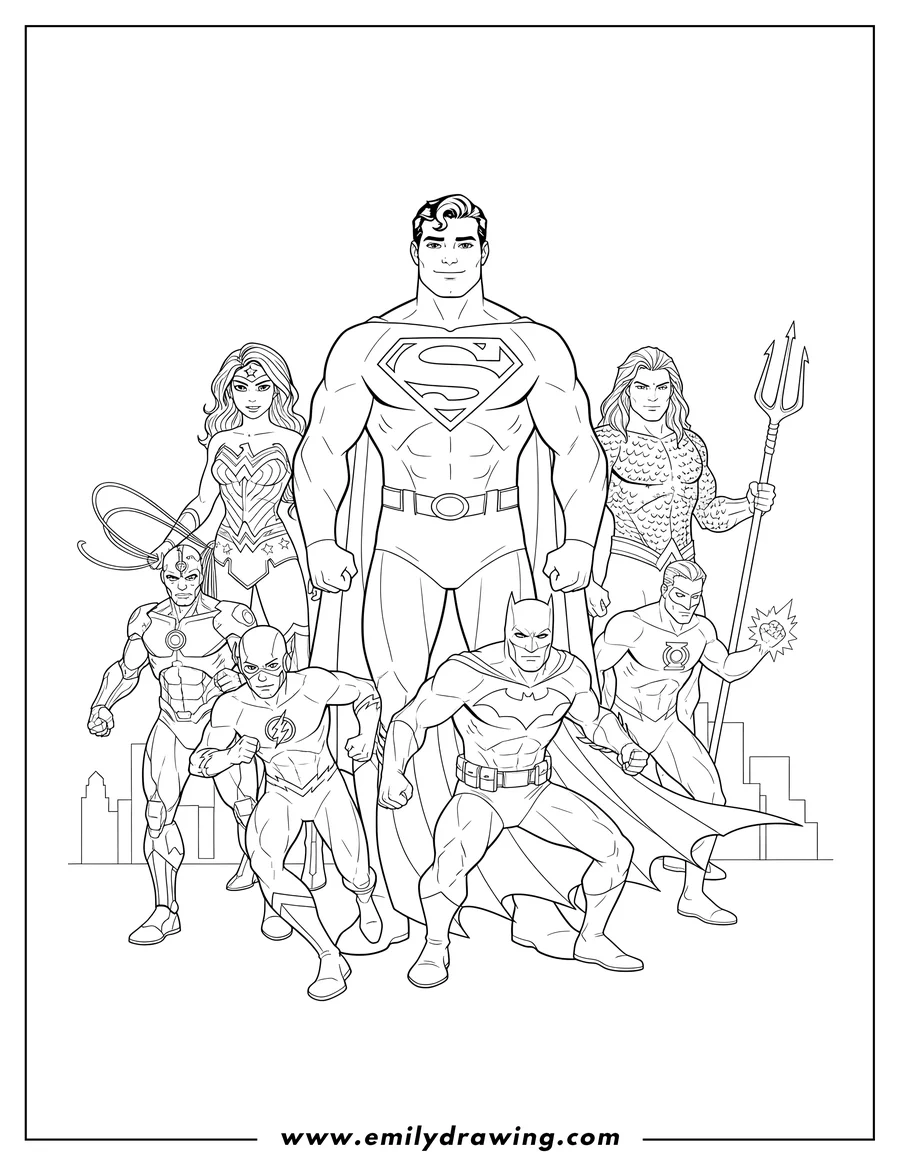 Free printable coloring sheet of dc Justice League Scaled, standing together