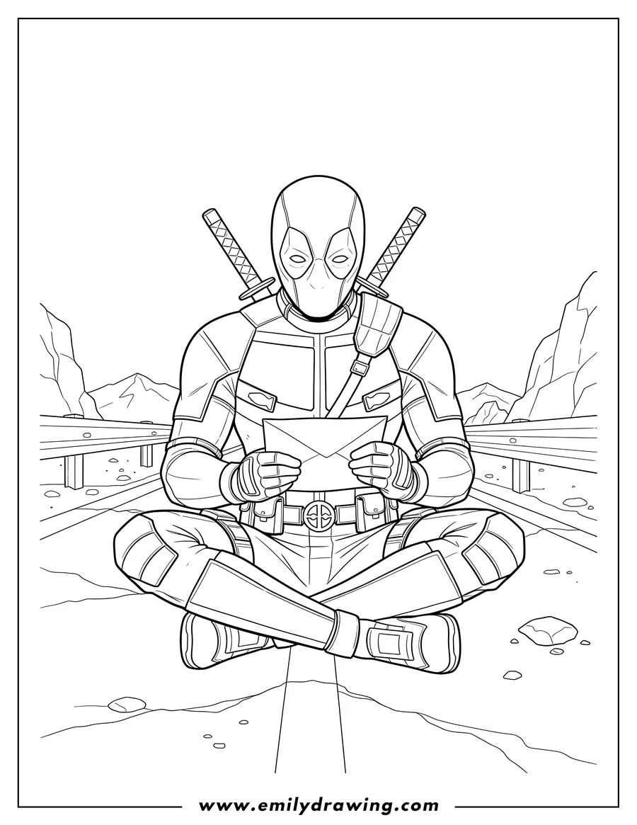 Coloring page of deadpool reading a letter while sitting on a highway, with katanas on his back