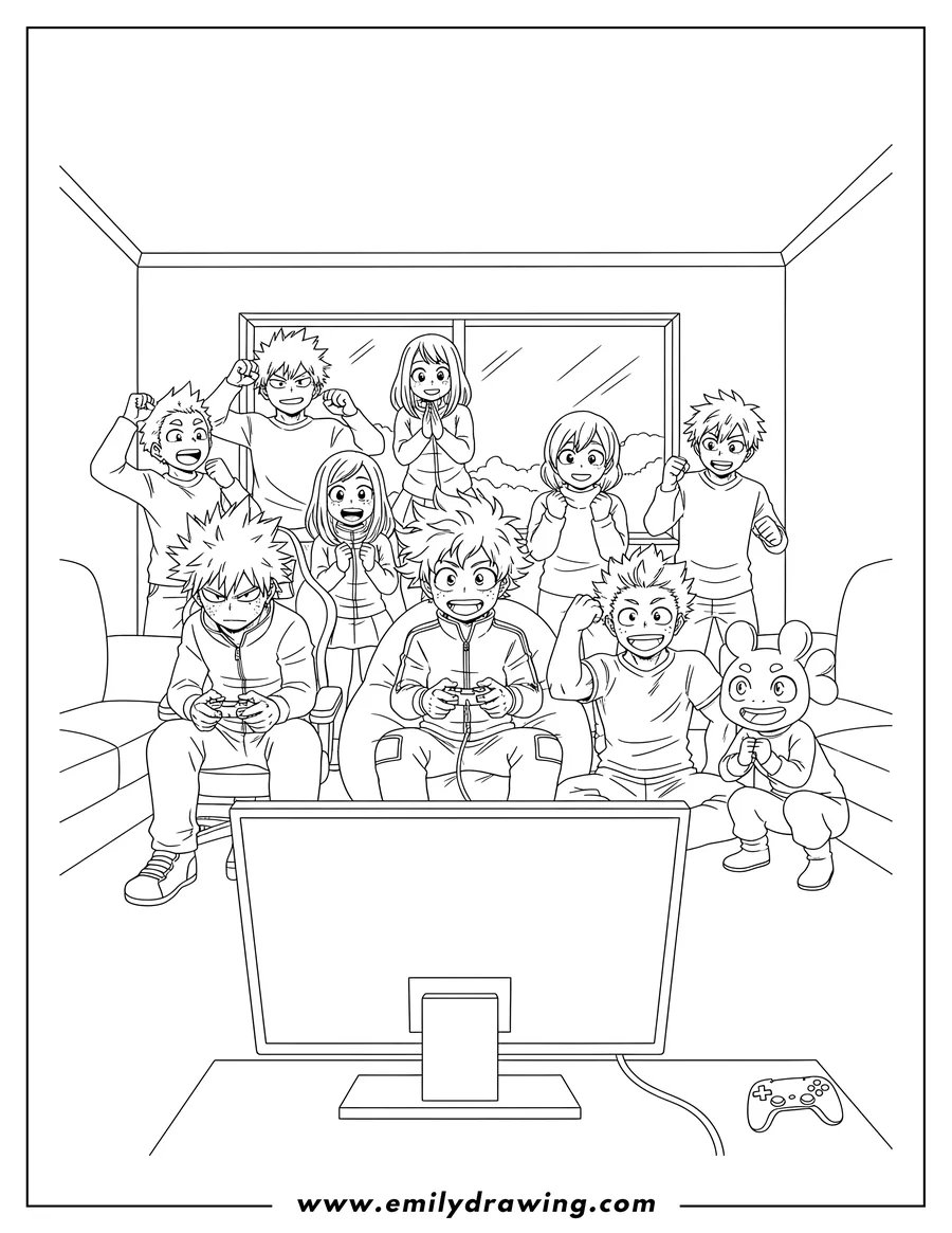 Doodle style coloring picture of full My Hero Academia Deku, Bakugo, and Kirishima playing video games with many friends around them