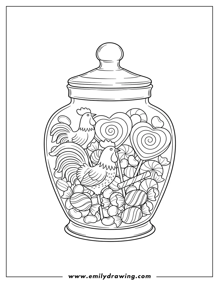 Clean line drawing: delicious Candy And Lollipops in a jar, featuring rooster and heart shapes