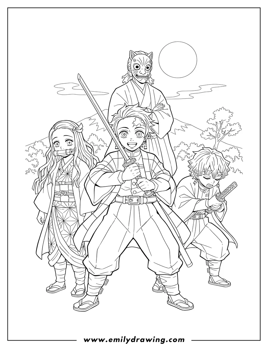 PDF style coloring page: demon Slayer: Tanjiro holding his sword, with Nezuko, Zenitsu, and Urokodaki