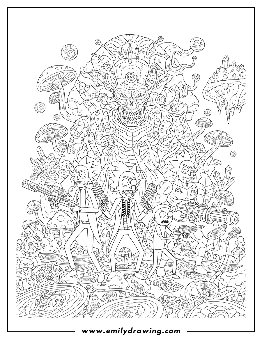 Free printable coloring sheet of detailed and trippy scene featuring multiple Ricks, a skeletal Pickle Rick, and Morty holding guns, facing a large alien creature
