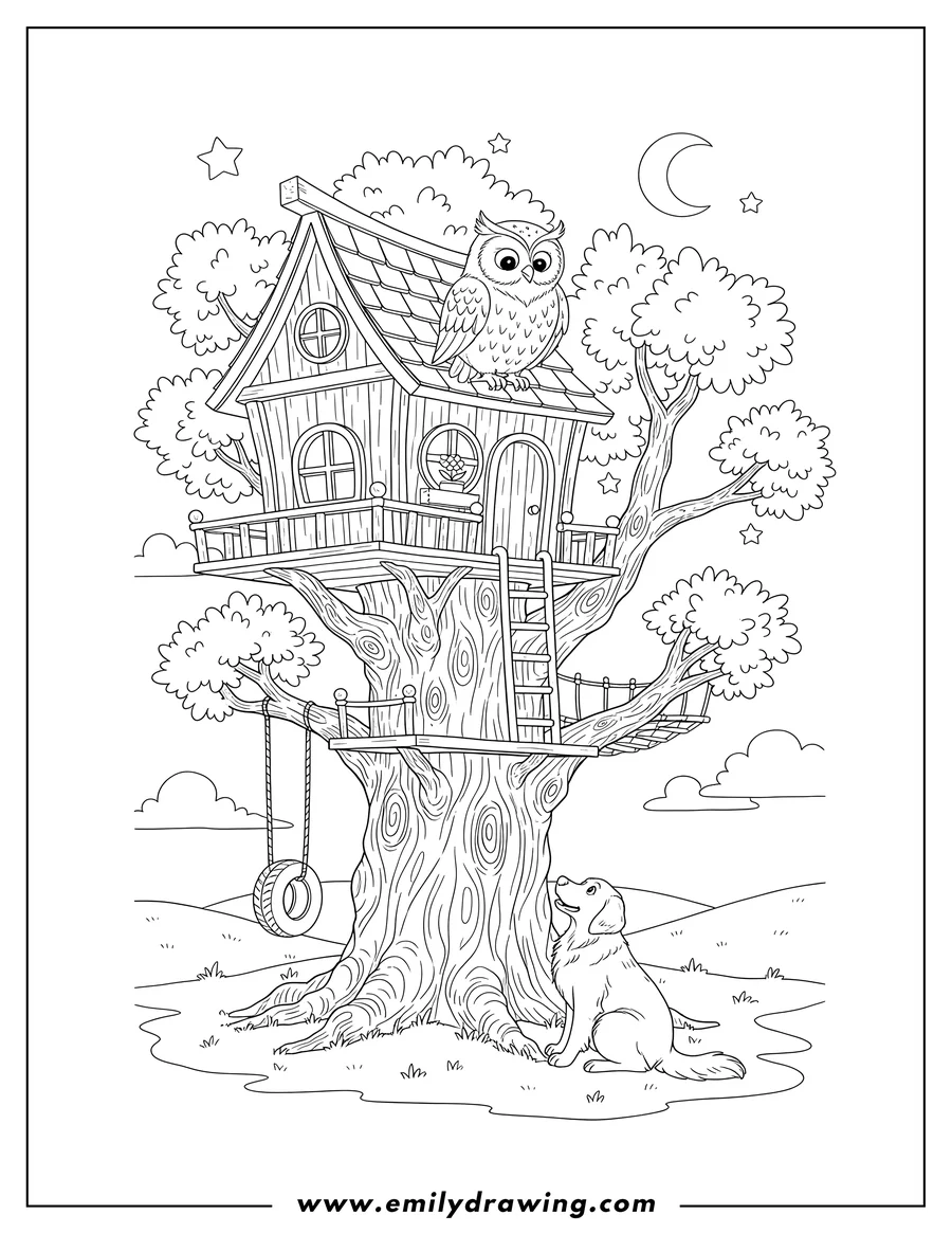 Vector style outline of detailed Cozy Tree House with an owl and a dog looking up