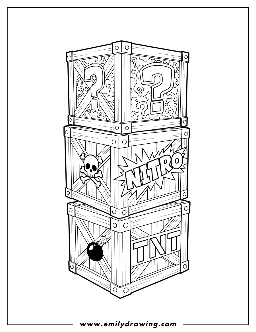 Free to print drawing of detailed Crash Bandicoot three stacked crates: Mystery, NITRO, and TNT