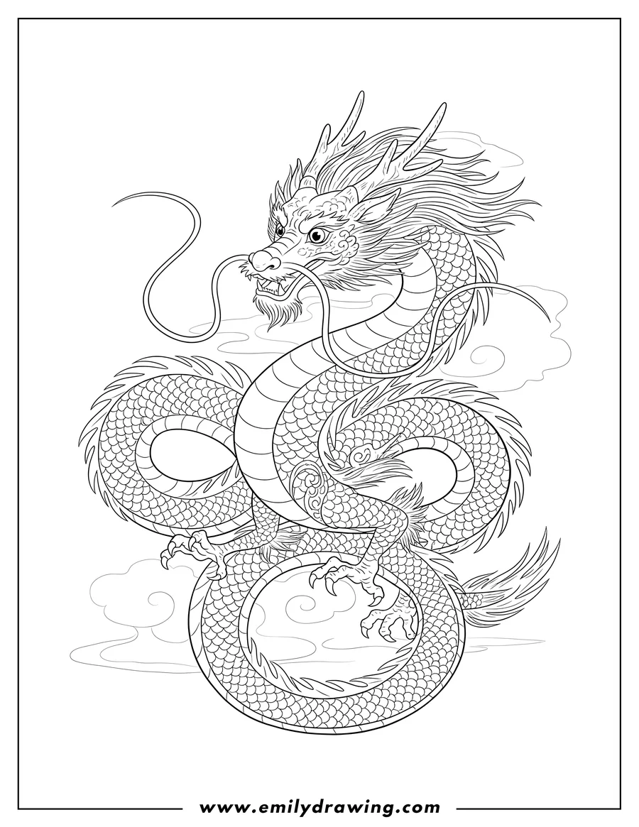 Coloring page of detailed Eastern Dragon with Long Whiskers, Big Horns, a Flowing Mane, and a Coiling Body